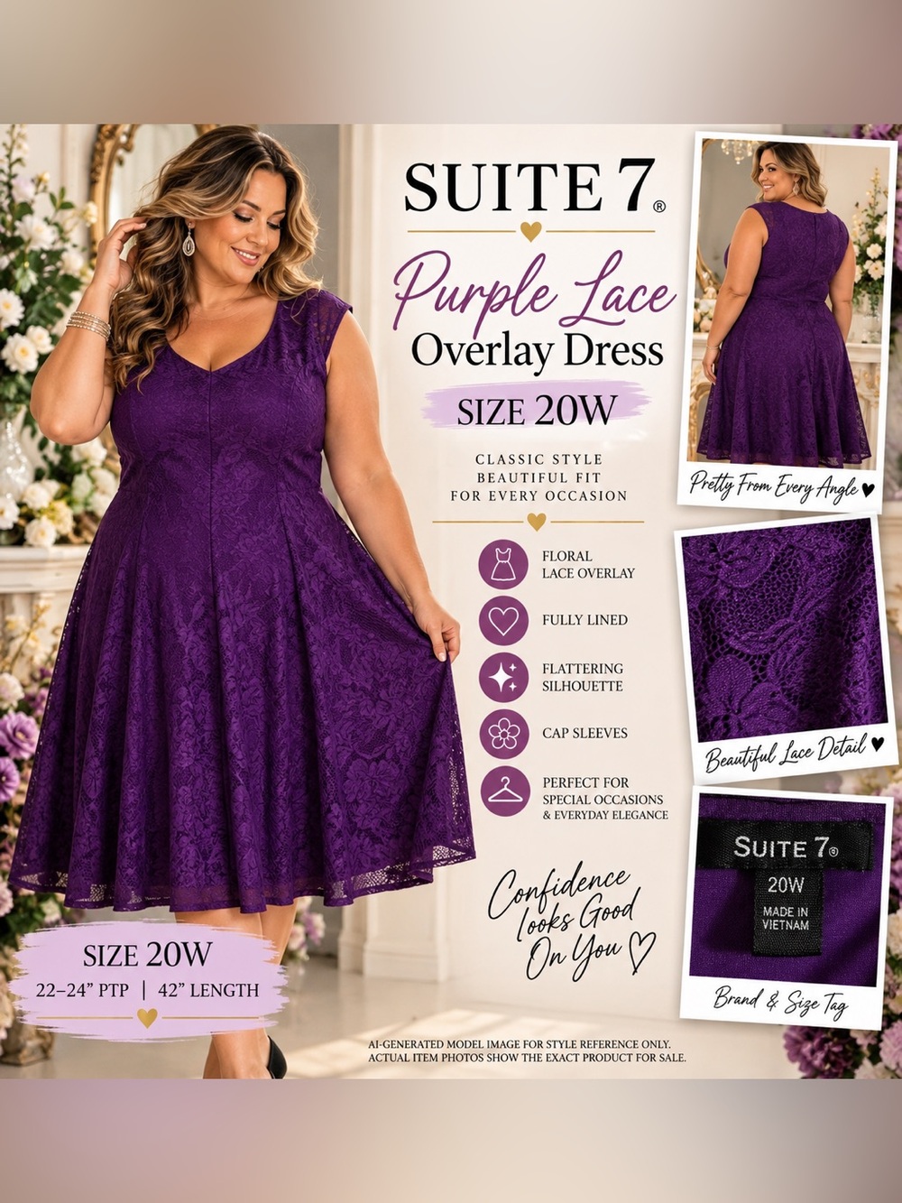 SUITE 7 PURPLE FLORAL LACE OVERLAY DRESS • 20W